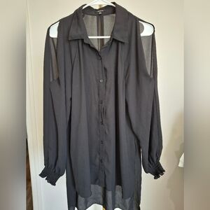 Xoxo Black Cold-Shoulder Sheer Button-Down Top L